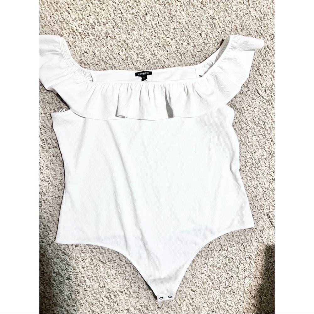 White Express off the shoulder body suit.
